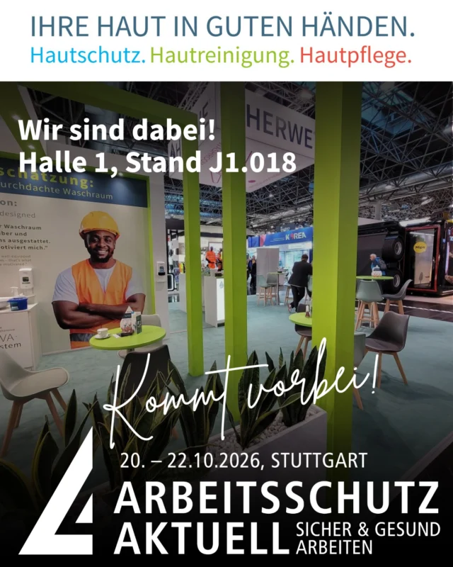 Wir sind dabei! 💚Vom 20.–22. Oktober 2026 findet ihr HERWE auf der ARBEITSSCHUTZ AKTUELL in Stuttgart!Bei uns dreht sich alles um professionellen Hautschutz, Hautreinigung und Hautpflege – mit Lösungen, die im Arbeitsalltag funktionieren. 🧴Wir freuen uns auf spannende Gespräche mit euch und den persönlichen Austausch!📍 Halle 1 | Stand J1.018📅 20.–22.10.2026 | StuttgartKommt vorbei – wir freuen uns auf euren Besuch! #HERWE #ArbeitsschutzAktuell #Arbeitsschutz #Hautschutz #Hautreinigung #Hautpflege #Stuttgart #Messe #Arbeitssicherheit